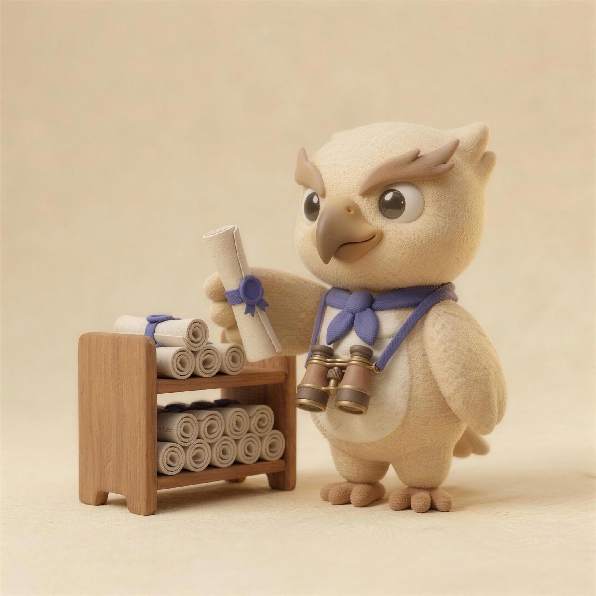 Scout at a wooden archive shelf of rolled monthly volumes, holding one sealed edition